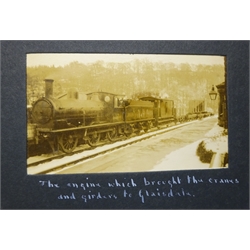  Collection of early 20th century monochrome photos of Glaisdale and surrounding areas, titled in ink, incl. five views of the Girder being lowered into position by Steam Cranes at the iron Railway Bridge, Beggars Bridge, Esk in Flood at Clay Bank and Limber Hill, Goathland, Grosmont, Lealholm, Comandale and other views, in album, approx 80  