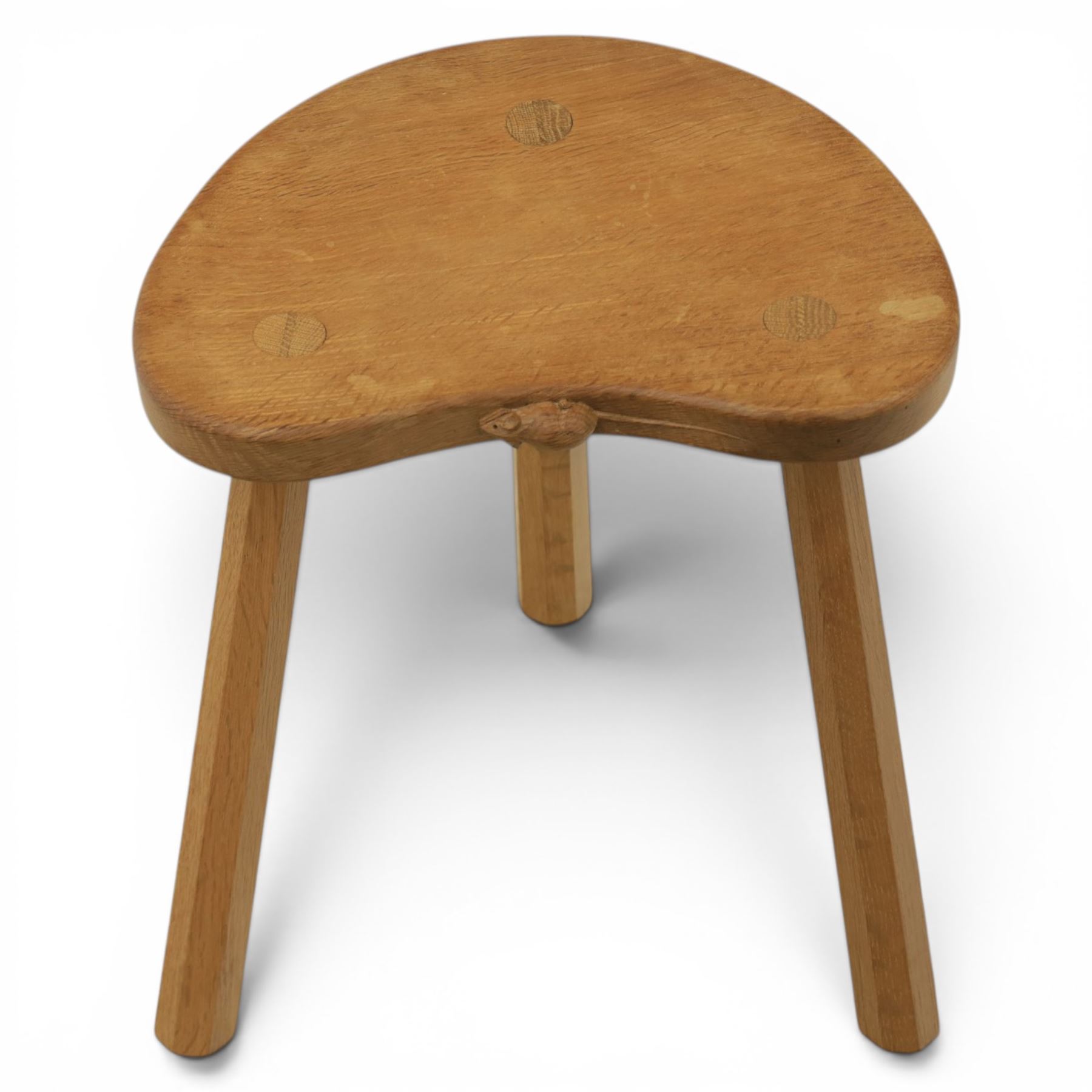 Mouseman - oak three legged cow stool, with carved mouse signature, by the workshop of Robert Thompson of Kilburn