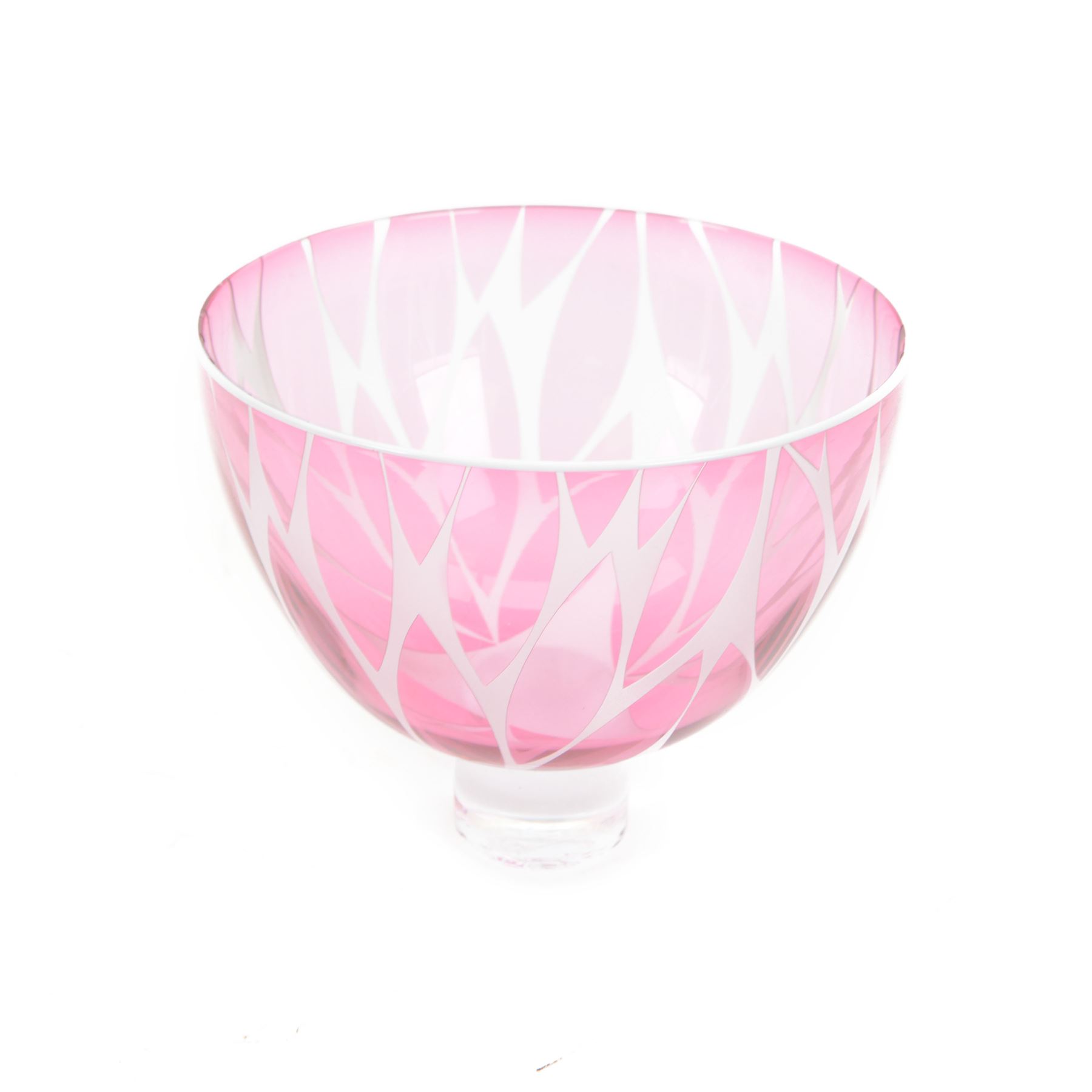Gillies Jones of Rosedale glass bowl decorated with pink leaves with white rim, upon a short clear tapering foot, signed to base, H14cm D15cm