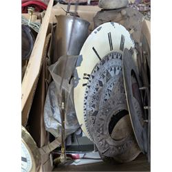 Collection of clock parts and accessories, including movement, faces, dials, tools, brass fittings, etc, in three boxes