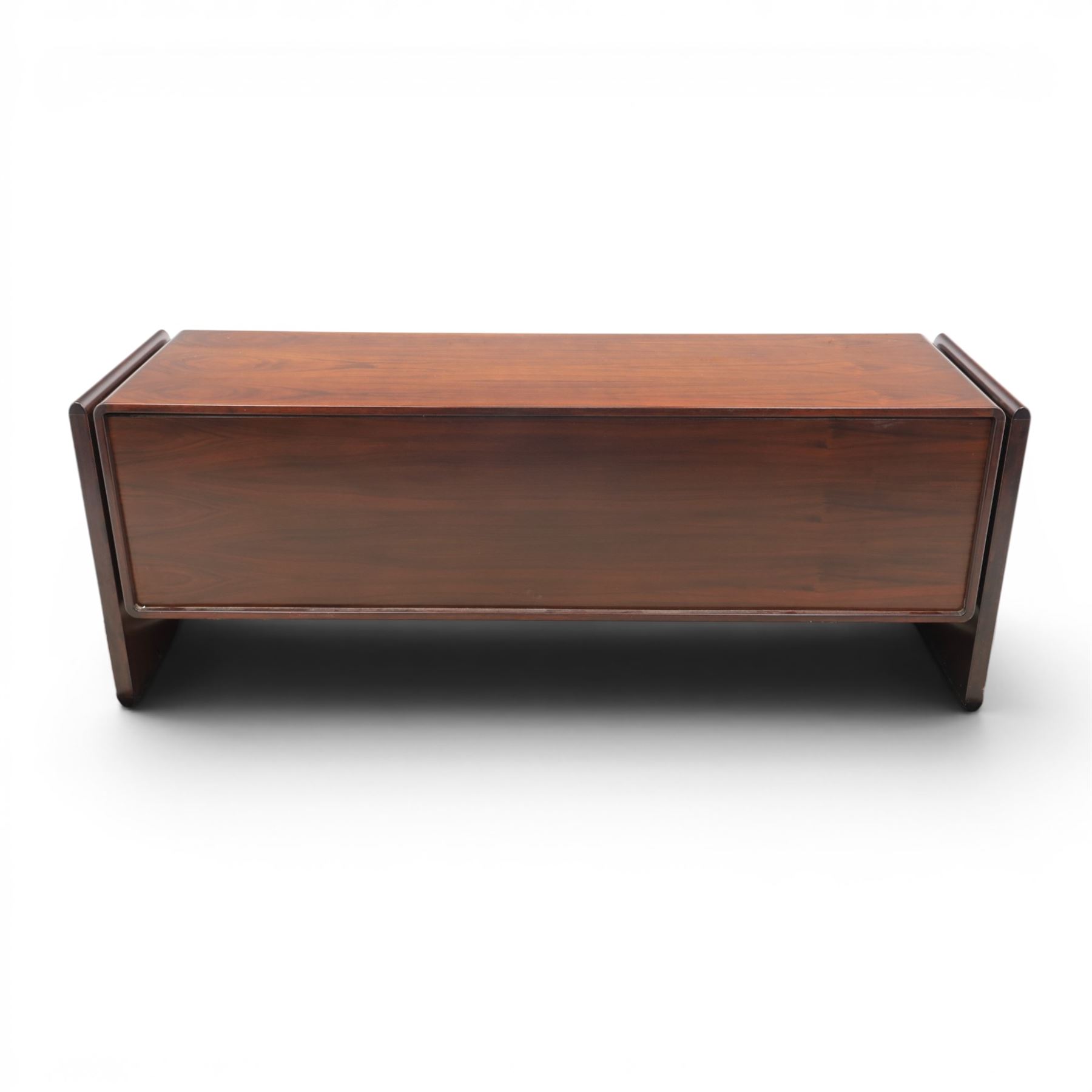 Dyrlund - contemporary Santos rosewood office sideboard of minimalist form with clean lines, rectangular top with integrated side supports, left side with two drawers, and right side with a filing drawer, all enclosed by tambour sliding doors