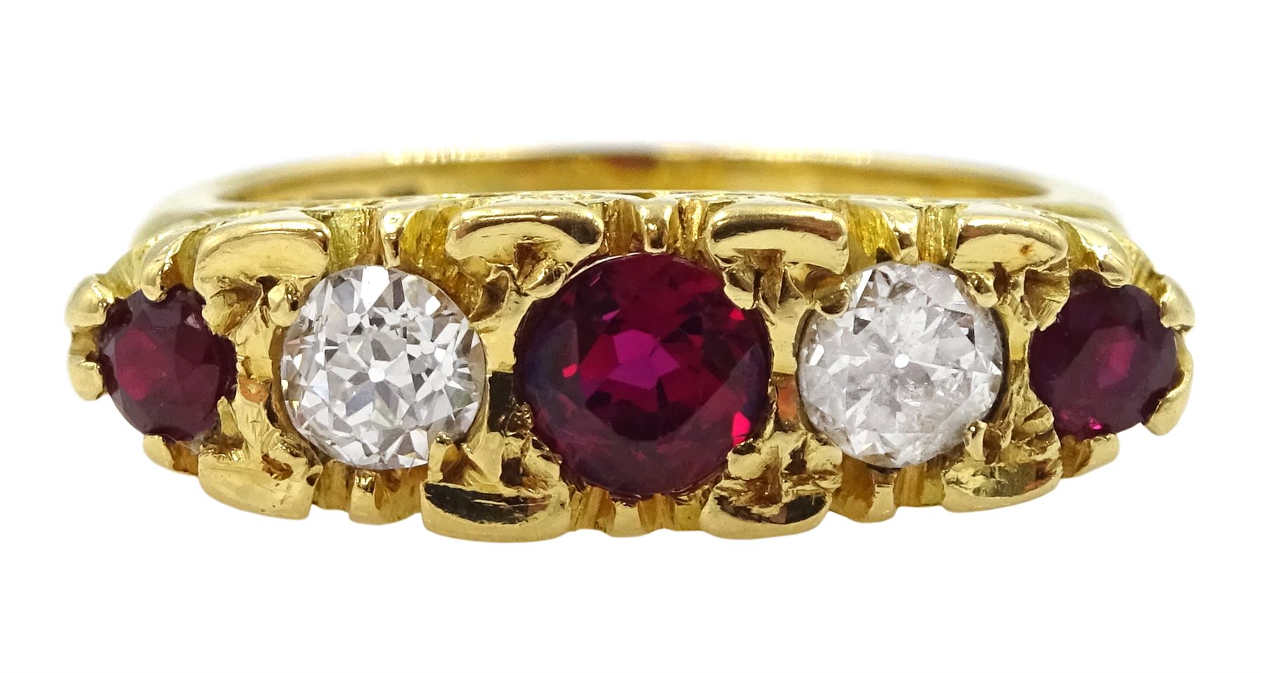 18ct gold five stone round ruby and old cut diamond ring, London 1976, total diamond weight approx 0.45 carat, total ruby weight approx 0.50 carat