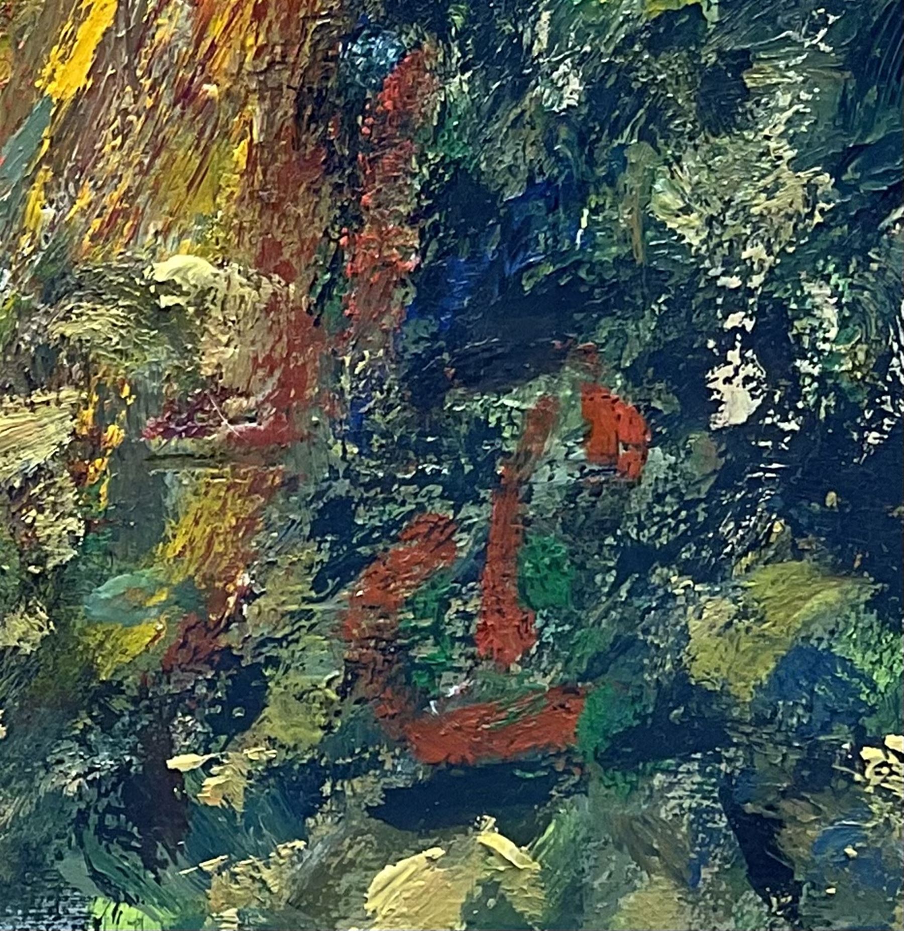 Philip A Corley (Irish/American 1944-): 'Picking Flowers', oil on canvas board signed with monogram 60cm x 45cm