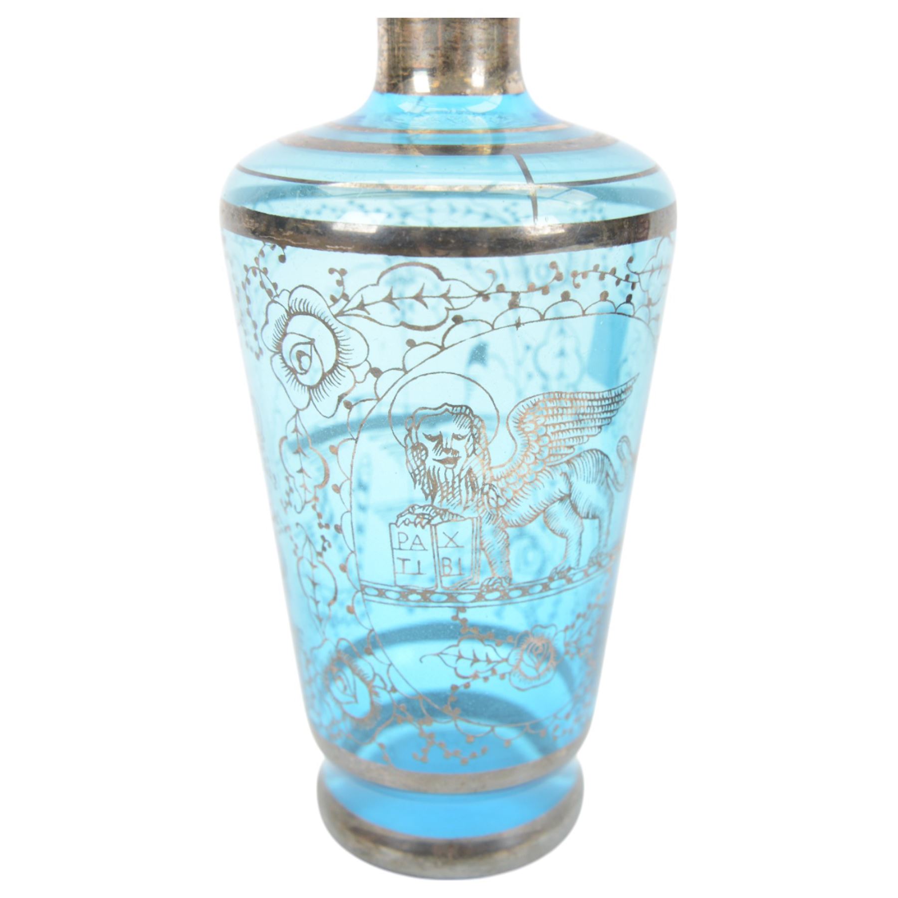 Pair of Victorian Bohemian ruby glass goblet and cover, together with a blue glass decanter and a ruby plate with silvered overlay, goblets H24cm 