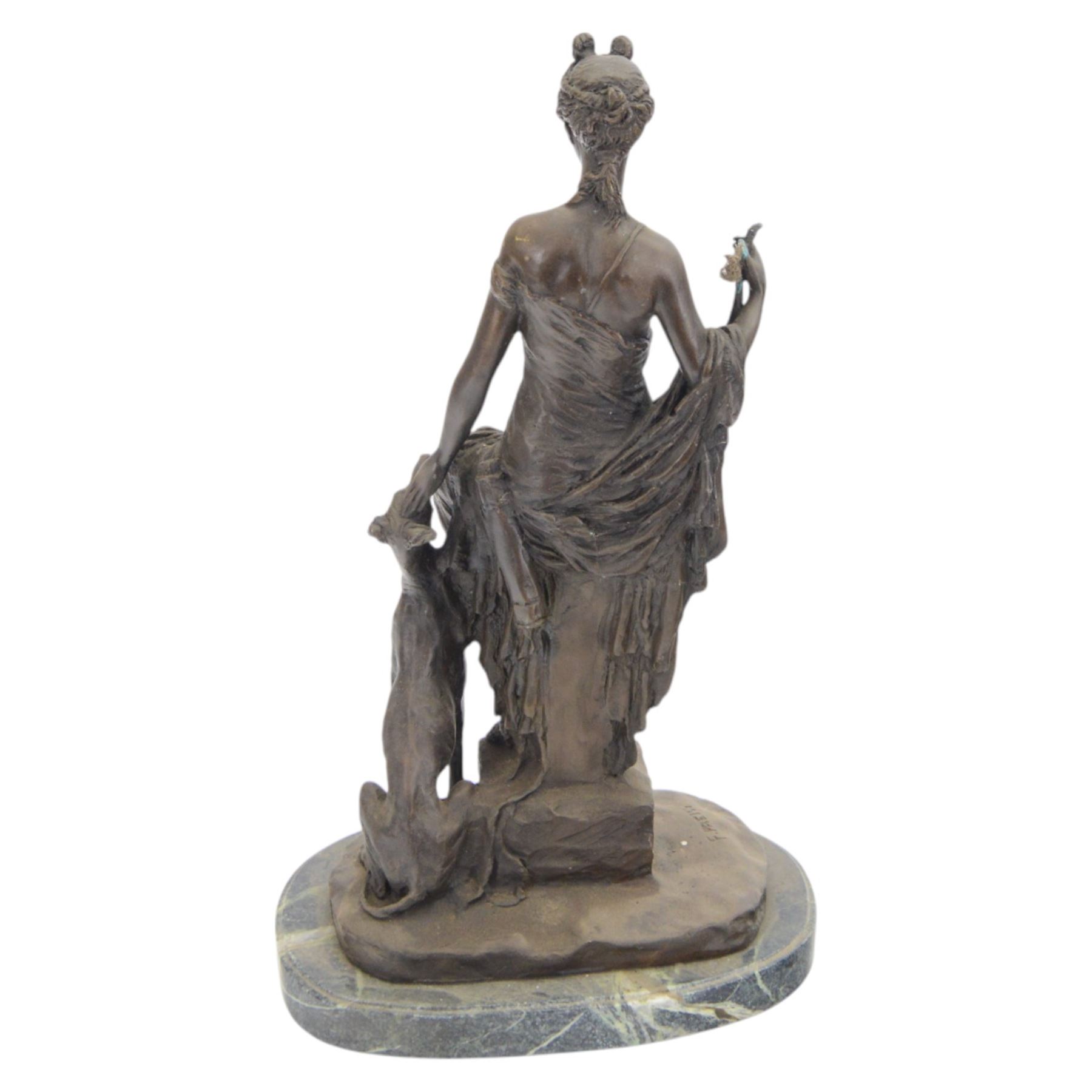 Bronzed figure 'Diana with a Dog', signed F.Preiss, upon an oval marble plinth, H46.5cm