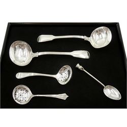 Pair of Victorian silver sauce boats, Fiddle and Thread pattern by Chawner & Co (George William Adams), London 1861/64, two silver sifting spoons, Sheffield 1897 & 1903 and a Scottish silver thistle teaspoon, hallmarked, approx 6.9oz
