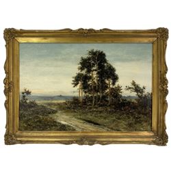 L Richards aka David Sherrin (British 1868-1940): Country Paths at Dawn, tryptic oils on canvas max 50cm x 75cm (3)