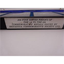 British Commemorative Society Ltd, set of six commemorative .999 fine silver proof medals, no. 1 to 6 , to include the William Medal, The Magna Carta Medal, The Lord Nelson Medal, The Canadian Centenary Medal, The Churchill Memorial Medal and The William Shakespeare Medal, each contained within clear perspex cases, in a silk lined fitted case