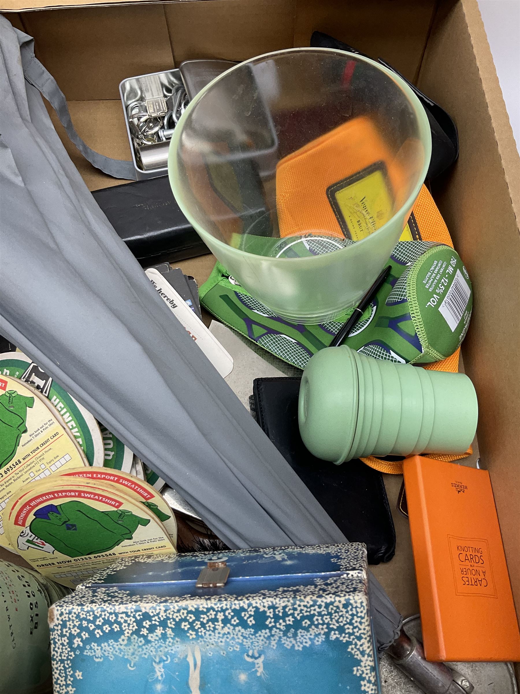 Umbrella seat, mesh face guard, ear defenders, tins, small hip flask and other miscellaneous items, in two boxes