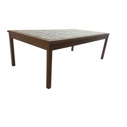Large mid-20th century teak coffee table, the rectangular top inset with tiles