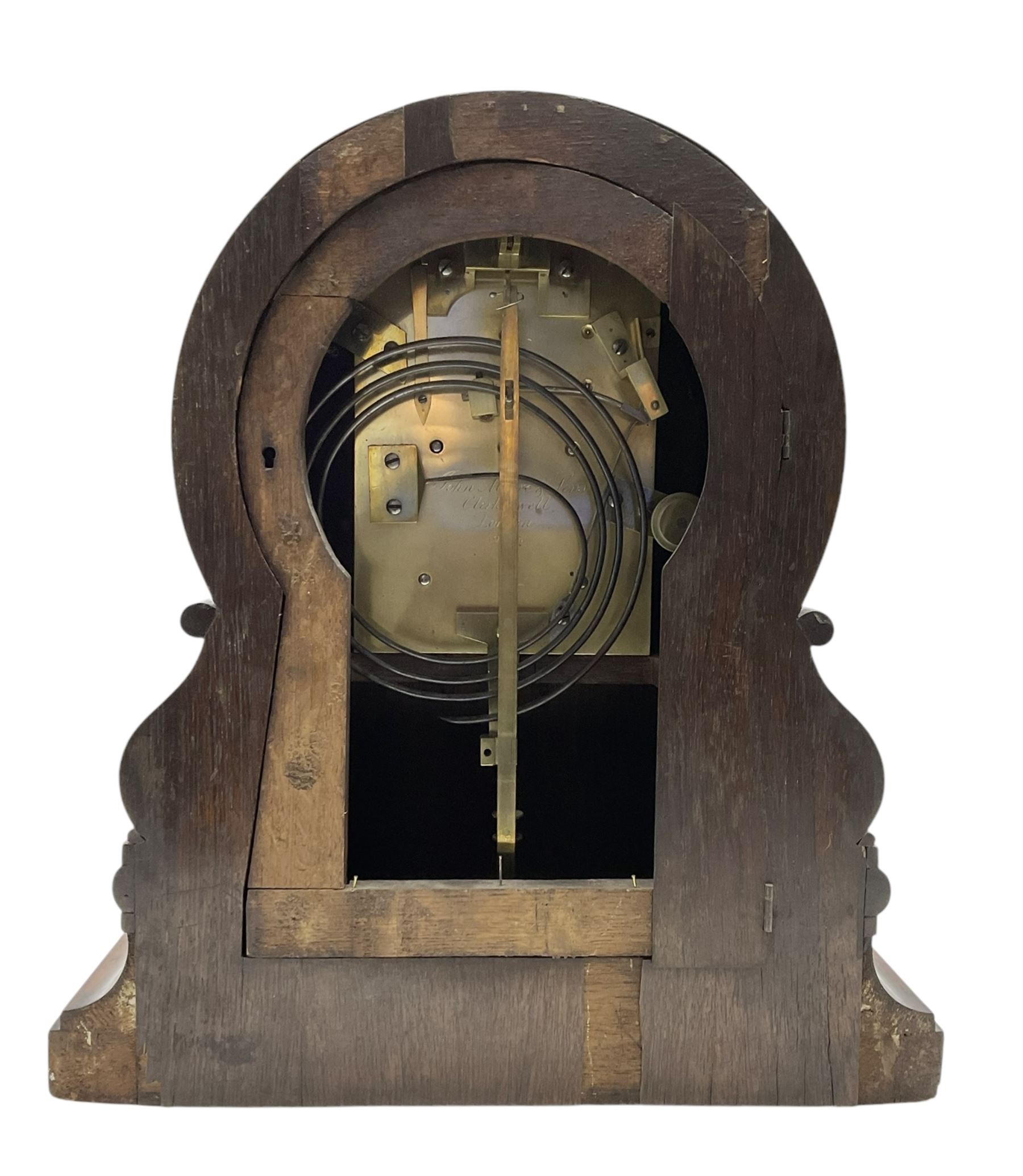 John Moore & Sons of Clerkenwell, London- late 19th century 8-day twin fusee mantle clock in a rosewood circular drum case raised on an ogee scroll support and broad plinth, rear door with silk backed fretwork (detached),  8