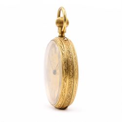 Victorian 18ct gold open face keyless lever presentation pocket watch, No. 44877, gilt dial with Roman numeral hour markers, engraved foliate case with empty cartouche, case makers mark W.S, Chester 1892