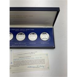 The Coronation Jubilee Crown Coins sterling silver proof set, dated 1978, comprising five twenty five dollar coins, produced by The Franklin Mint, cased with certificate