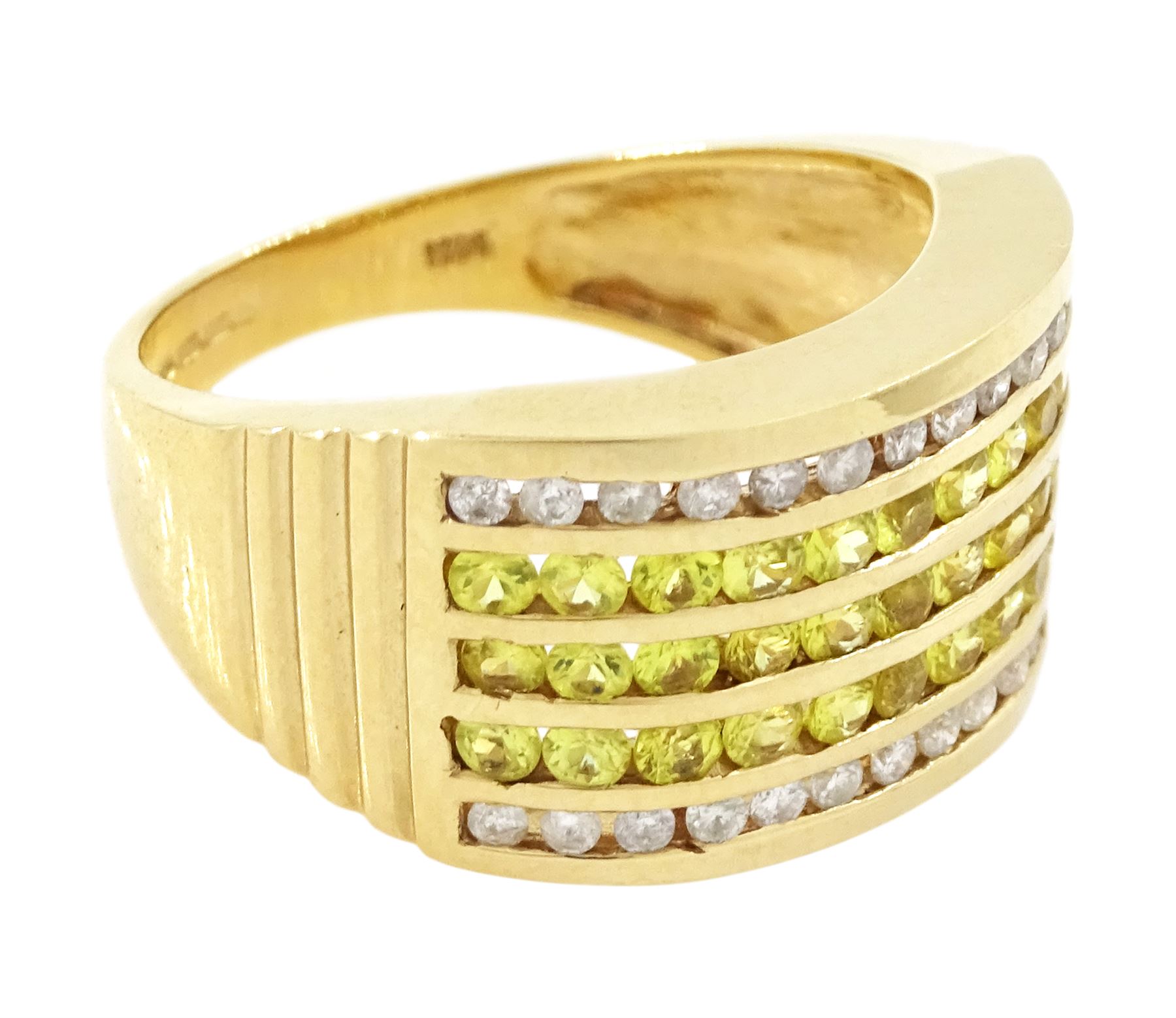 14ct sapphire and diamond half eternity ring, channel set with two rows of round brilliant cut diamonds, spaced by three rows of round cut yellow sapphires, hallmarked, total sapphire weight approx 1.45 carat, total diamond weight approx 0.30 carat