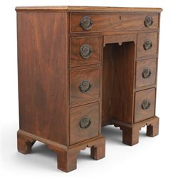 Early 20th century Georgian design figured walnut kneehole desk, rectangular moulded top o...