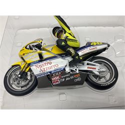Two Minichamps limited edition Valentino Rossi Collection 1:12 scale die-cast motorcycles - Honda NSR500 Valentino Rossi Team Nastro Azzurro GP Donington 2000 with rider; and Honda NSR500 Valentino Rossi Team Azzurro GP Mugello 2001 Dirty Version; both boxed (2)