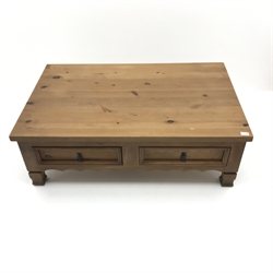  Pine coffee table, four drawers (W120cm, H41cm, D76cm) and matching corner television stand, single drawer, plinth base (W98cm, H59cm, D51cm) (2)  