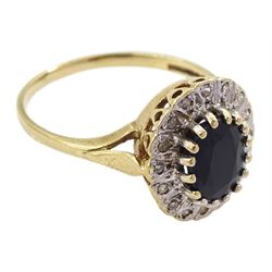 9ct gold oval cut sapphire and diamond cluster ring, hallmarked