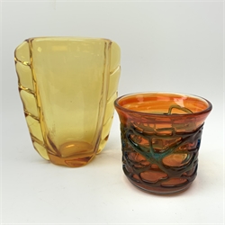 A Whitefriars Flanged amber glass vase pat no 9384 designed by William Wilson, H19cm, together with a red Mdina glass vase with trailed blue decoration, H11.5cm. 
