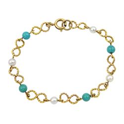 9ct gold infinity link, turquoise and pearl bracelet, each link stamped 9.375