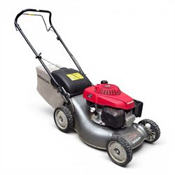 Honda -  GCV160 petrol lawnmower, Izy model, with rear grass collector, grey deck and red engine cover.
