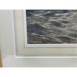 Ernest Dade (Staithes Group 1864-1935): 'Scotch Herring Fleet Leaving Scarborough', watercolour laid on to canvas signed titled and dated Oct 14 1907, 49cm x 75cm