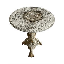 Coalbrookdale design - 19th century cast iron and cast alloy garden table, circular top with beaded edge pierced with scrolls, the pedestal decorated with scrolling and foliate motifs triple arm platform bass with scrolled feet