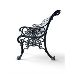 Victorian Andrew McLaren pattern cast iron bench, the ornate ends with detailed scrollwork, joined together with a cast iron seat and backrest frame supporting gently weathered oak slats, Victorian diamond stamp mark