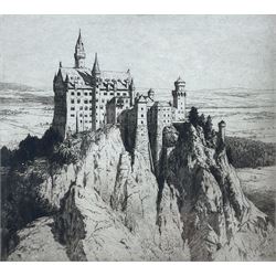 George Percival Gaskell (British 1868-1934): Neuschwanstein Castle Germany, etching signed in pencil together with Julius Komjati (Hungarian 1894-1958): Prisoner in Prayer, etching signed in pencil max 23cm x 25cm (2)