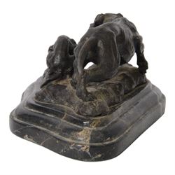 After Antoine Lois Barye, bronze figure group depicting hunting dog and pup, upon a black marble base, H10cm, W22cm