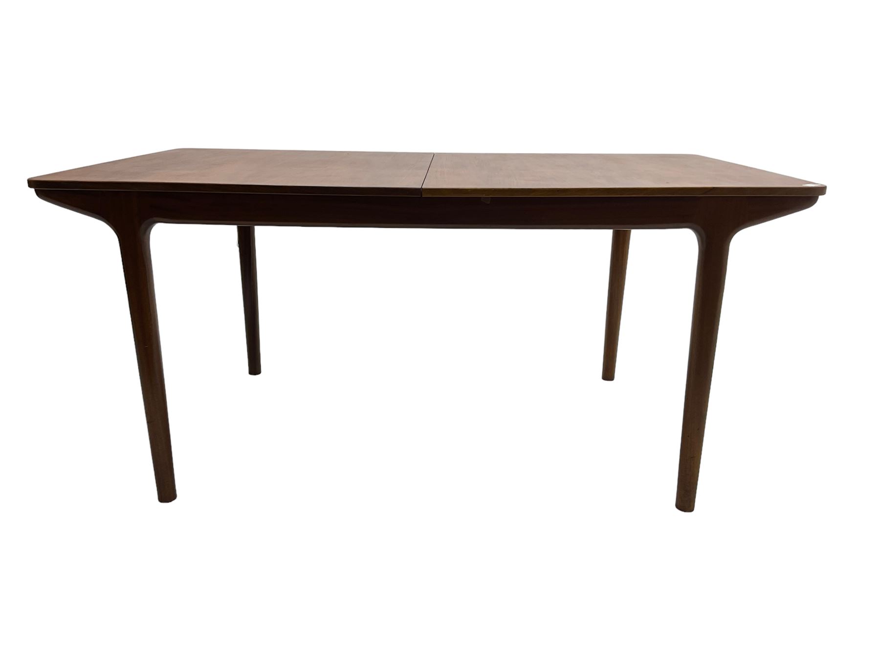 Tom Robertson for AH McIntosh & Co of Kirkaldy - mid-20th century teak extending dining table, rectangular top with rounded corners, concealed integrated double leaf, raised on tapered supports, metal label to underside of leaf