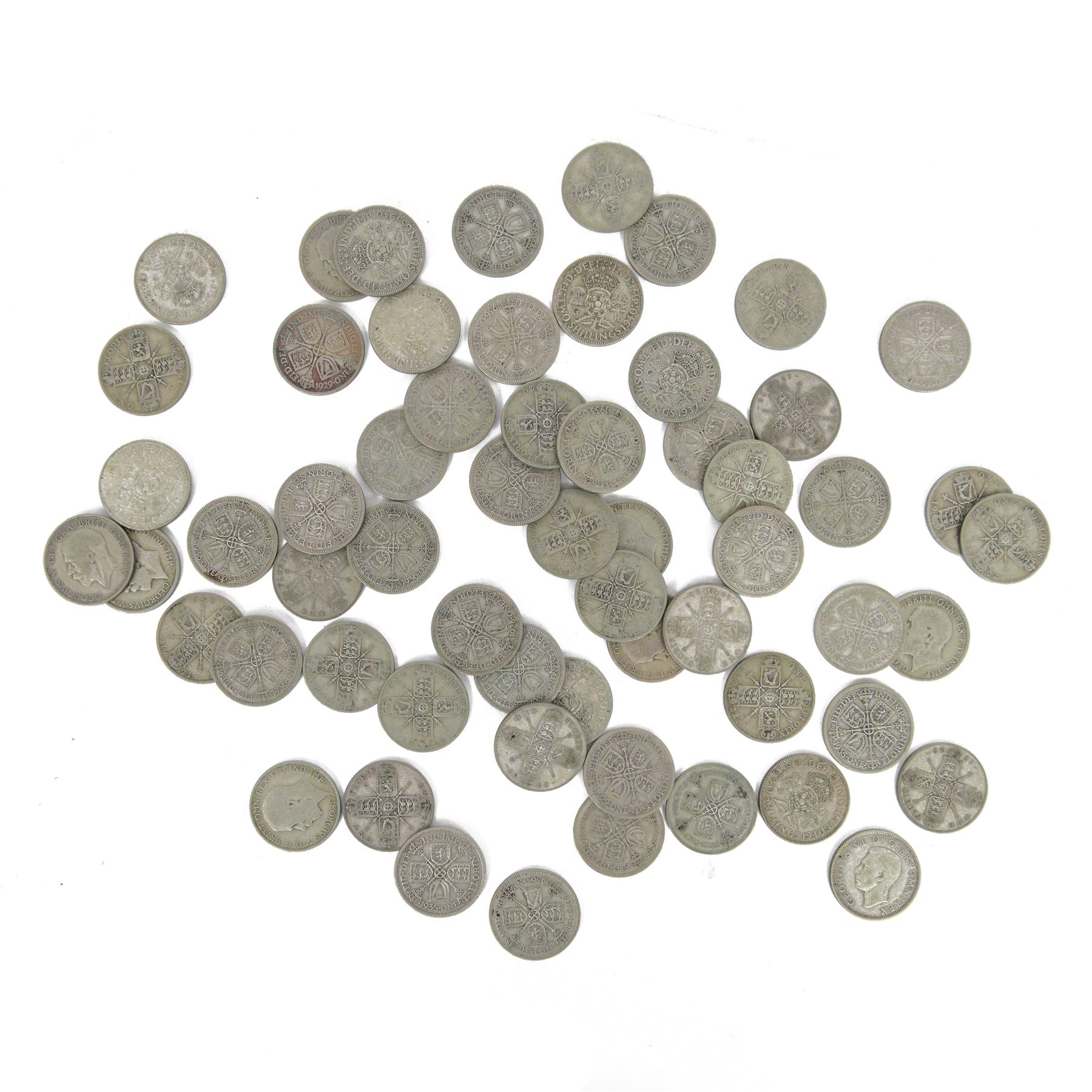 Approximately fifty-eight Great British pre-1947 silver one florin or two shilling coins