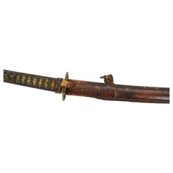 Japanese Army Officers Gunto Sword,  with 64cm steel single edged blade, bronze tsuba and wrapped fish skin grip, in leather scabbard overall L87cm