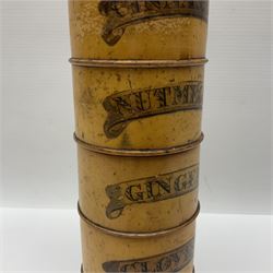 19th century treen five tier spice tower, the tiers labelled Cinnamon, Nutmeg, Ginger, Cloves and All-spice, screw down thread compartments, H27cm