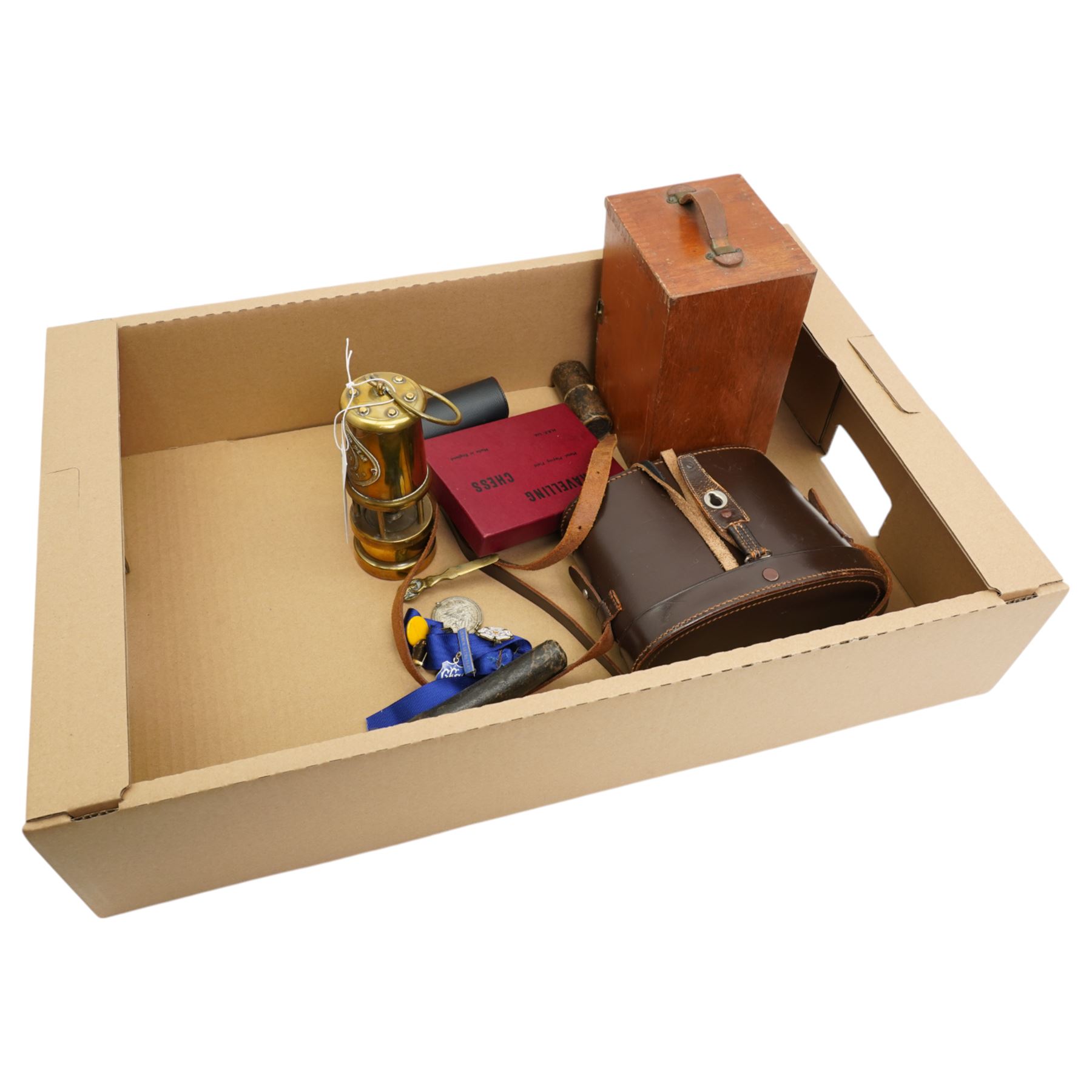 Britex Minor microscope in case, pair of 9 x 35 binoculars by Ross, London, small brass miners safety lamp, small telescope, drawing instruments etc