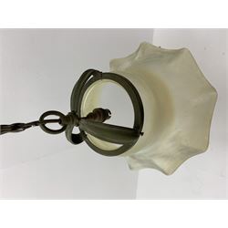 Large early 20th century Vaseline glass shade, with frilled rim and brass mount, rim D38cm