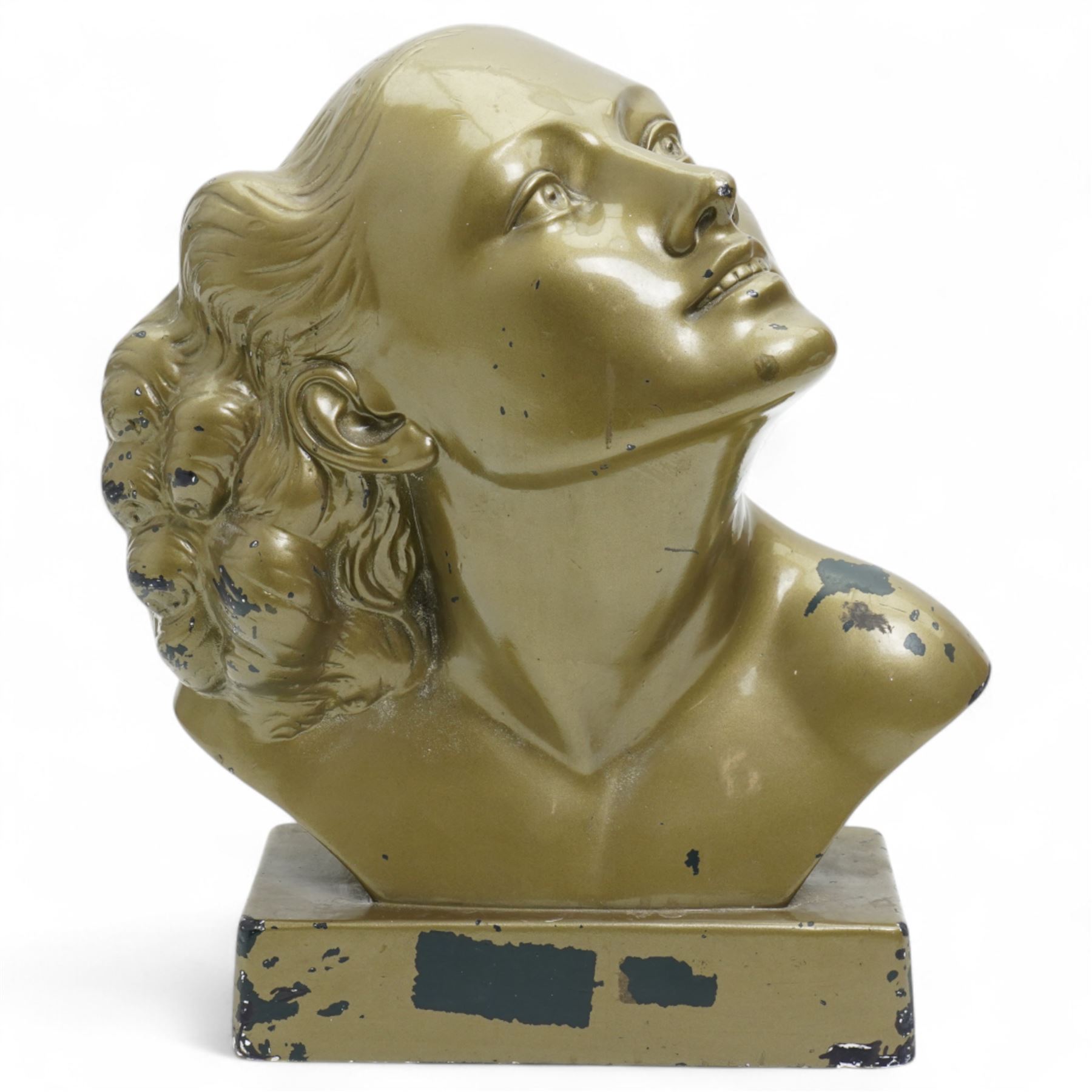 After Decouse - Art Deco bust of a woman facing upwards, marked 'SAP Depose' to plinth H40cm