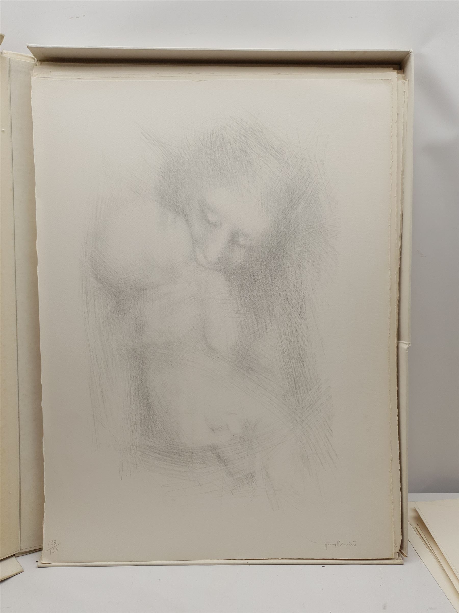 Jean Moulin (French 1933-2009): 'Geste d'Amour', portfolio of 27 large lithographs of children each signed and numbered 133/150 in pencil, 77cm x 57cm in original case with text