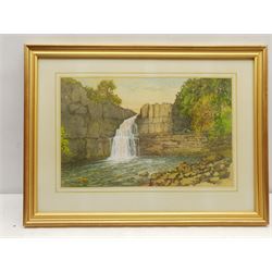 Nathan Stanley Brown (British 1890-1980): Ingleton Falls, watercolour signed; pair watercolours signed Harry Kitchen; Edinburgh lithograph and a still life print (5)