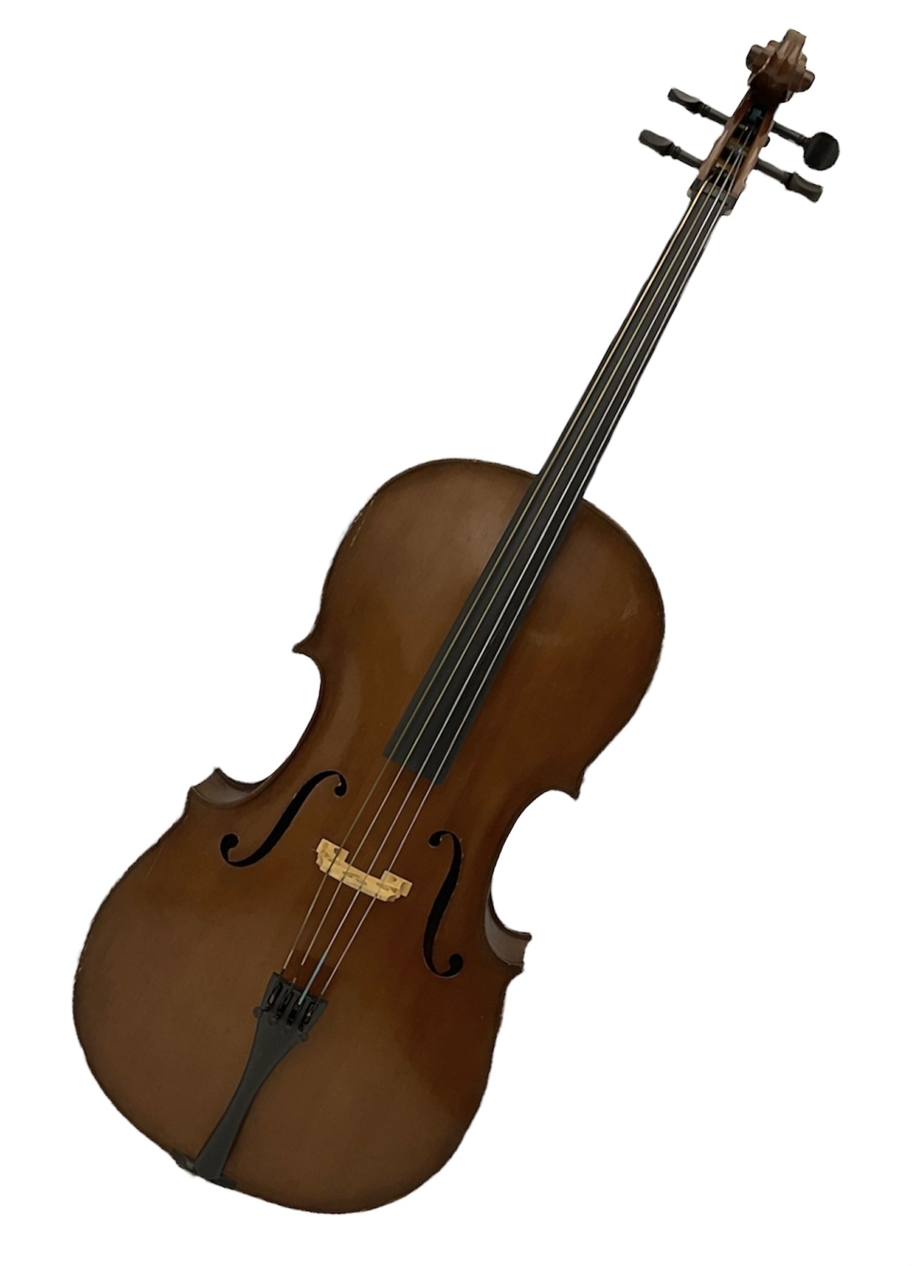 Modern Romanian student's three-quarter size cello with 70cm two-piece maple back and ribs and spruce top, bears label 'Musikinstrumentenfabrik Reghin Romania' L115cm overall