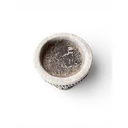 Cast stone cherub bird bath, circular removable top raised on three cherubs with ornate detailing