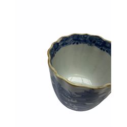 A late eighteenth century English porcelain cup, decorated in the Fisherman and Cormorant pattern, probably Caughley, together with a late 18th/early 19th century pearlware teabowl decorated with floral sprays and sprigs, and two early 19th century Chinese export blue and white cups. (4). 