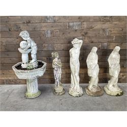 Four cast stone maiden figures, small bird bath and planter