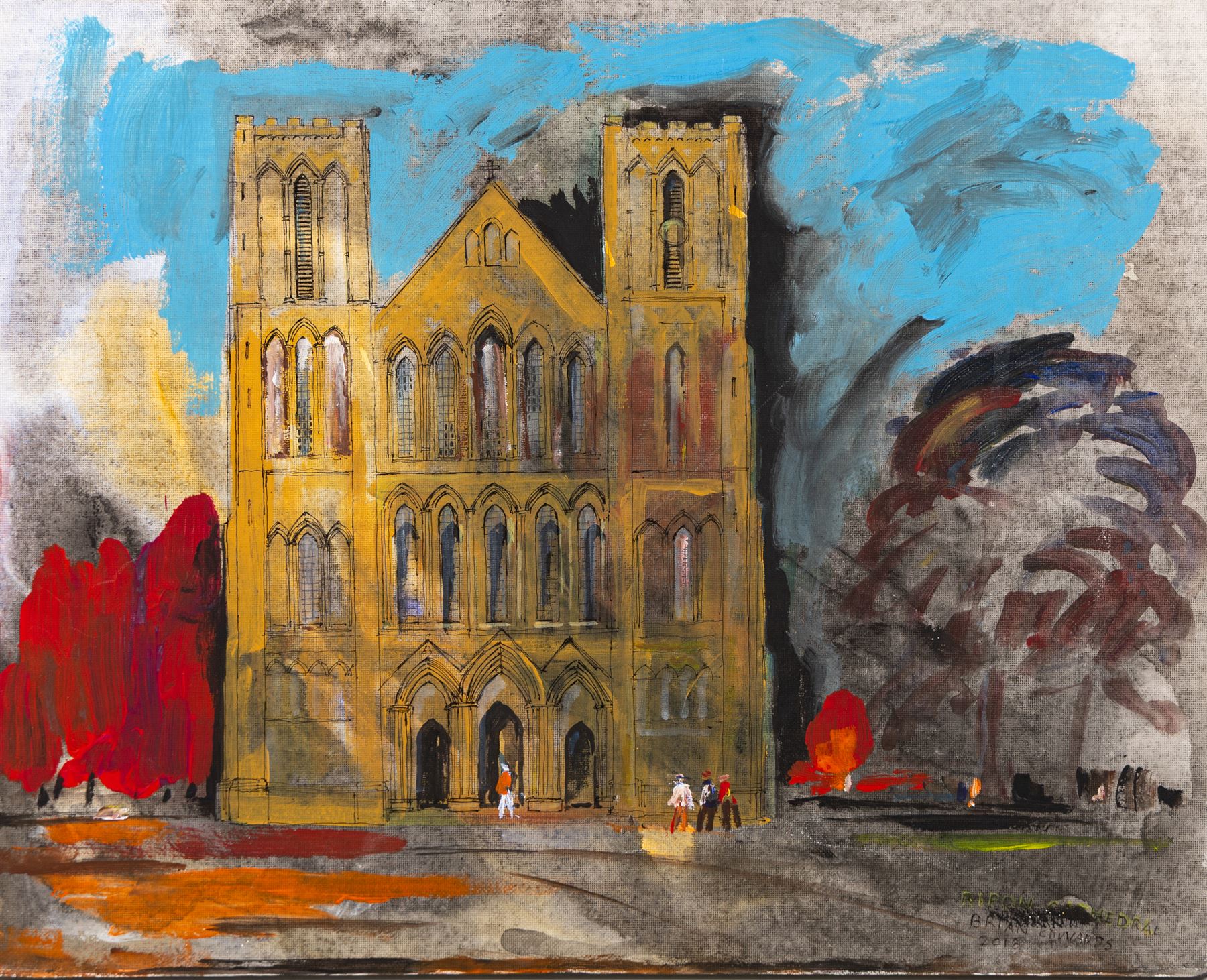 Brian Edwards (British 1944-): 'Ripon Cathedral', mixed media on canvas signed titled and dated 2018, 40.5cm x 50.5cm (unframed)
Notes: Dr Brian Edwards is Emeritus Professor of Architecture at ECA Edinburgh University. He is the author of the book ‘Understanding Architecture through Drawing’, has exhibited at the Edinburgh Festival, the RSA and architecture section of the RA Summer Exhibition. As a retired architect, his paintings explore the interface between art and architecture