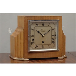  Art Deco period mahogany cased mantel clock by 'J. W. Benson, London', triple train Westminster chime movement with chime/silent, W30cm    