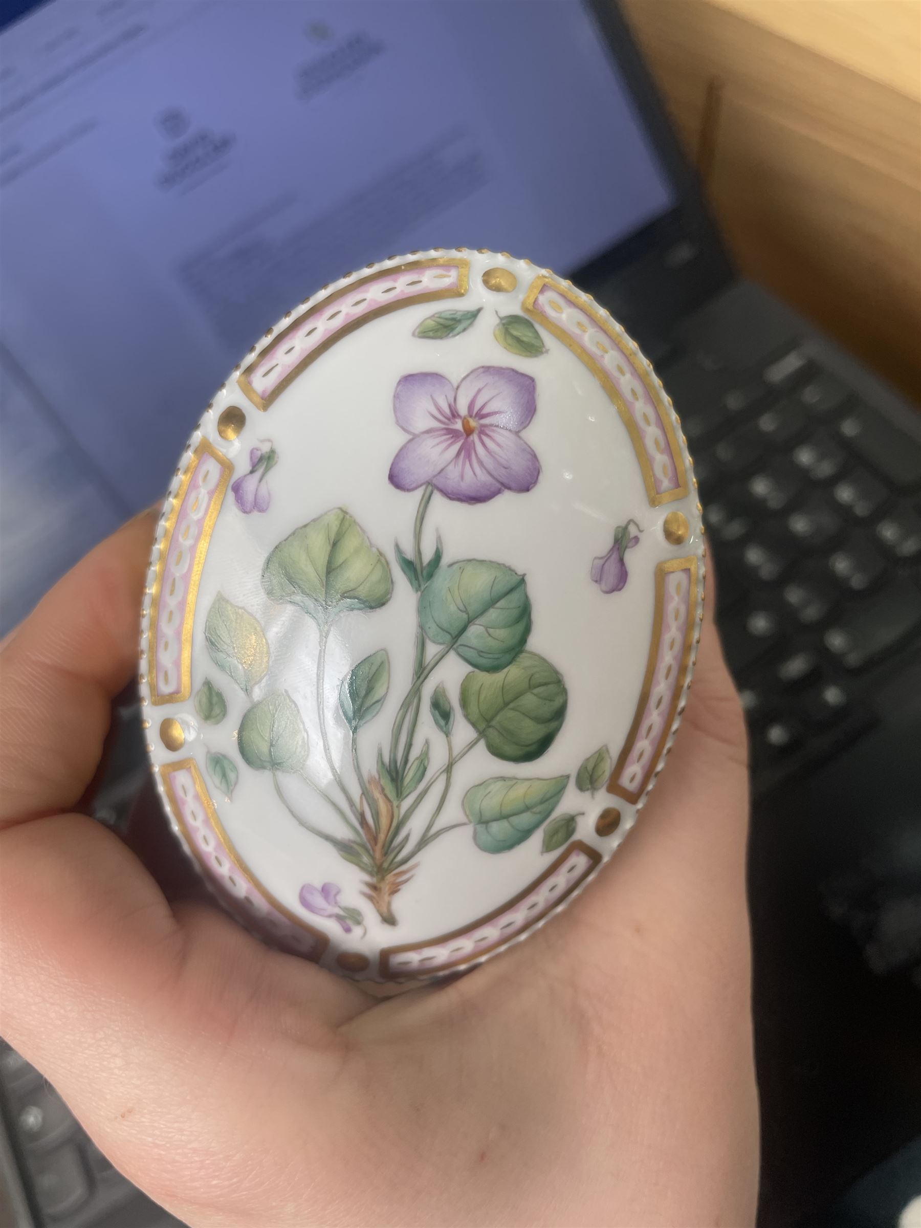 Royal Copenhagen Flora Danica wares, comprising covered mustard pot with naturalistically modelled vine handles and decorated with Cushion Pink (Cucubalius Acaulis) H8cm, milk jug decorated with Maiden Pink (Dianthus Deltoides) H7cm, covered dish decorated with Dwarf Milkwort (Polygala Amarum) W8cm, oval salt cellar decorated with Alpine Squill (Scilla Bifolia) W11cm, egg cup, pin dish and cased hand mirror, various Latin specimen inscriptions to base, all with printed and painted marks beneath (7)