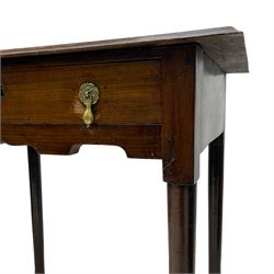 George III oak and elm low-boy, rectangular top with moulded edge, fitted with single drawer cast brass drop handles, shaped apron over cabriole supports terminating in pointed feet