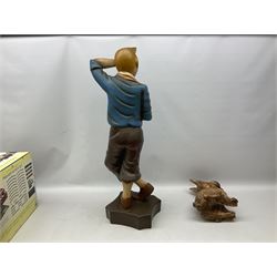 Fibreglass promotional/advertising figure of Herge's Tintin with baseball bat, standing mopping his brow and wearing plus-fours, a towel around his neck and holding a can of Coca-Cola H90cm; with similar figure of his dog Snowy seated with a baseball in his mouth (3)