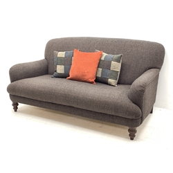 Tetrad - traditional shaped three seat sofa upholstered in Harris Tweed fabric, turned front supports, with complimentary pouffe and scatter cushions, W185cm, D103cm