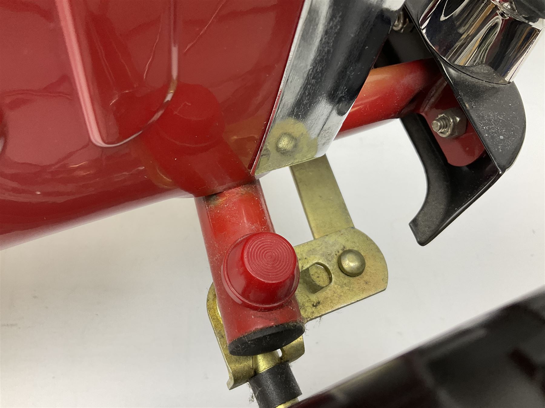 Red child's tin-plate pedal car with chrome detail, by Posh Paddles, Scarborough, H56cm, L80cm